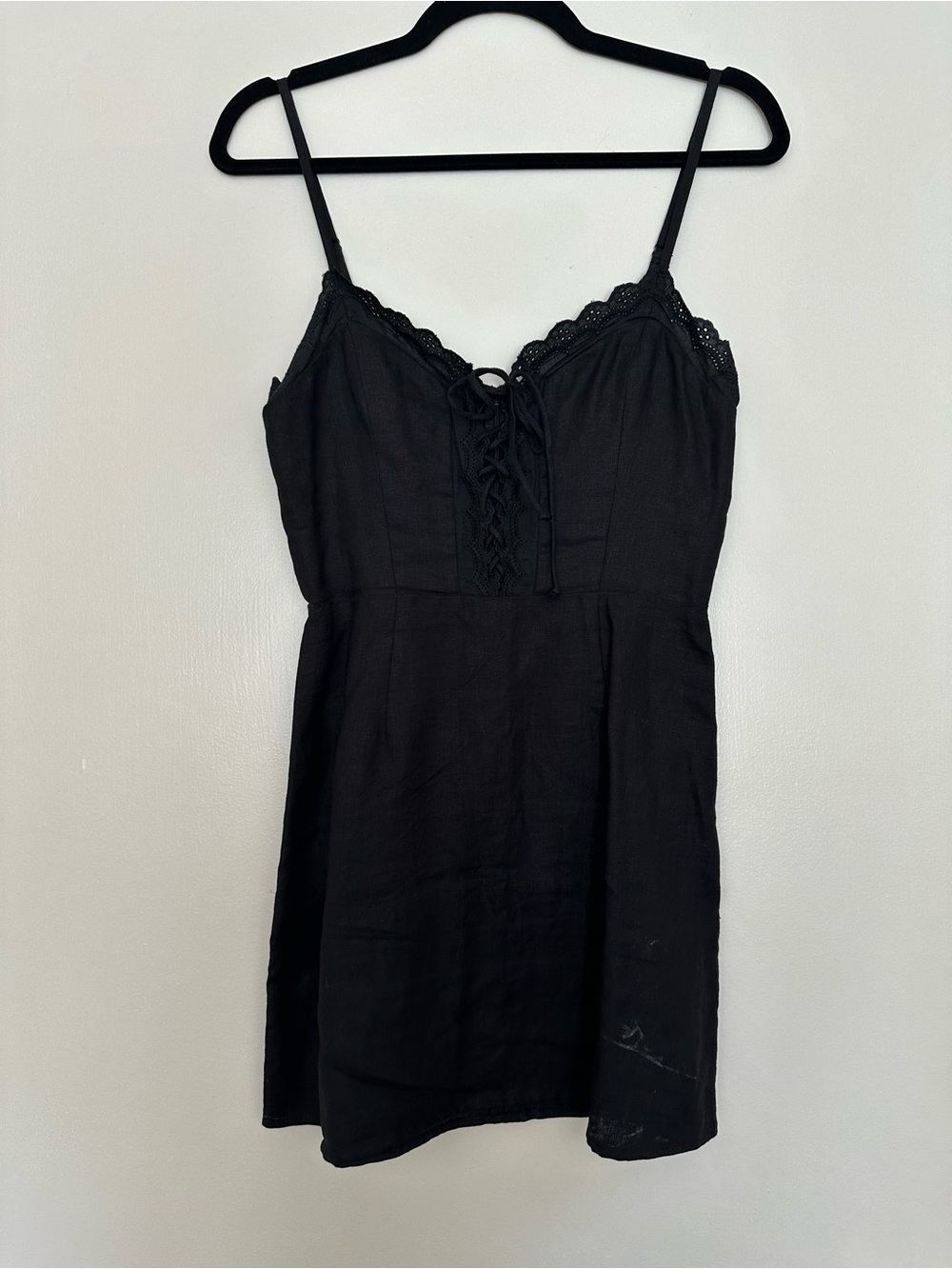 Reformation Black Lace-Trim Linen Dress -